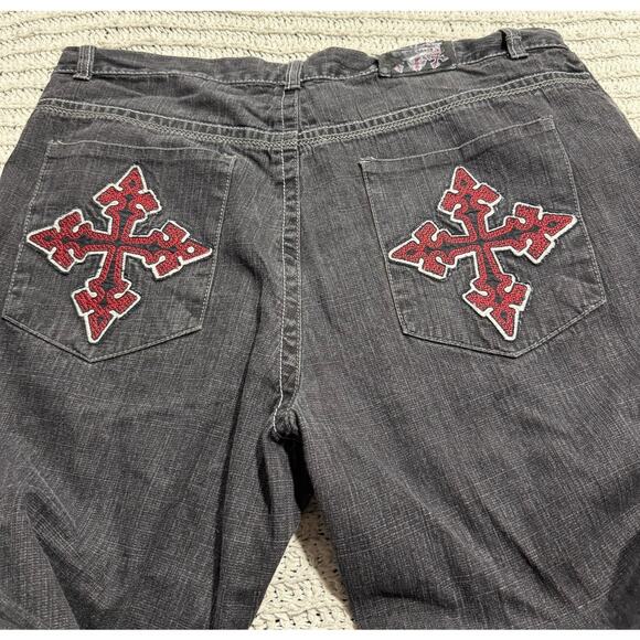 Y2K VTG Evolution Design Jeans Wide Leg Baggy Embroidered Cross Mens 44x34 Black - Picture 8 of 13